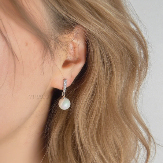 Dangle Clip On Pearl Earrings with Silver Pave Diamond - Clip-On or Pierced Options