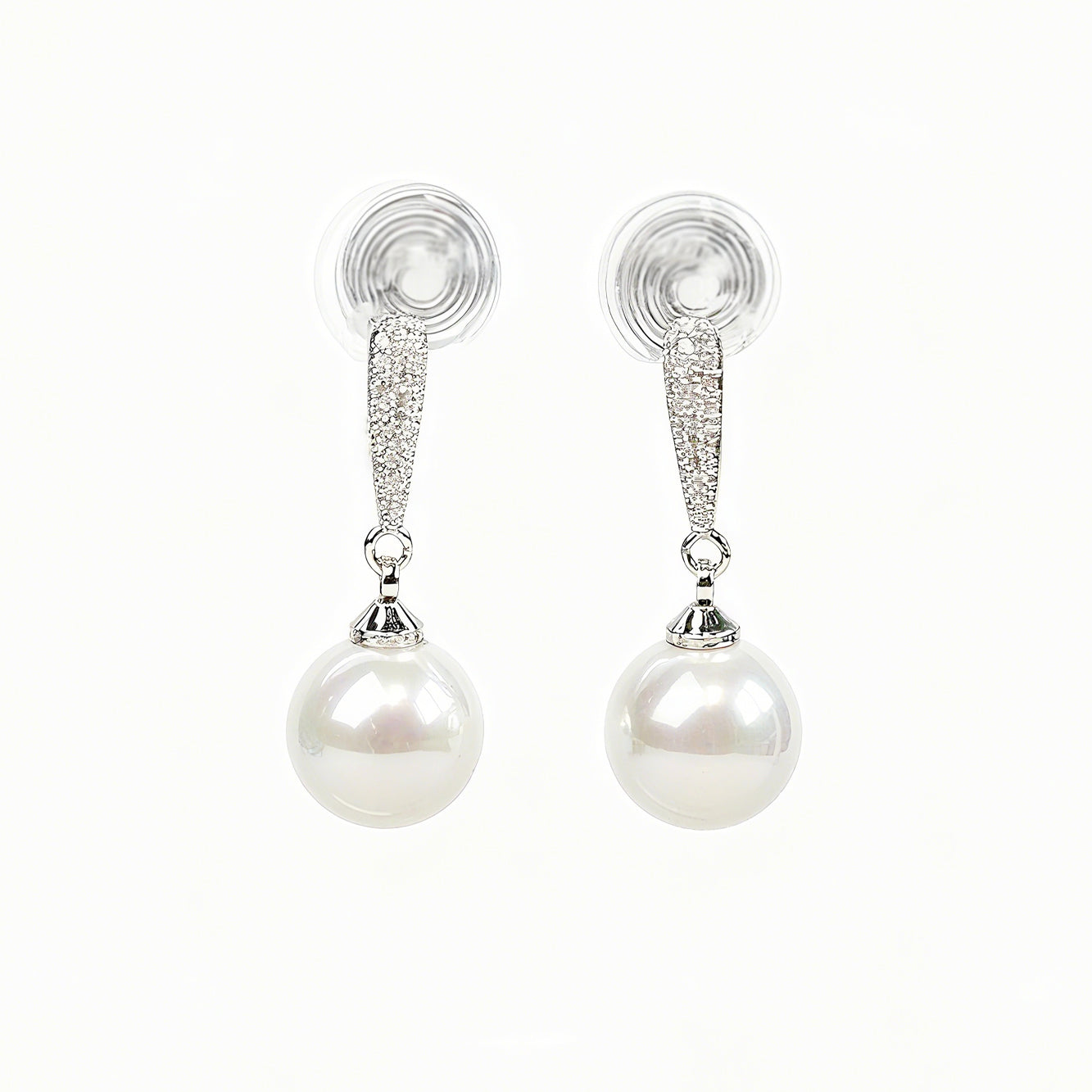 Dangle Clip On Pearl Earrings with Silver Pave Diamond - Clip-On or Pierced Options