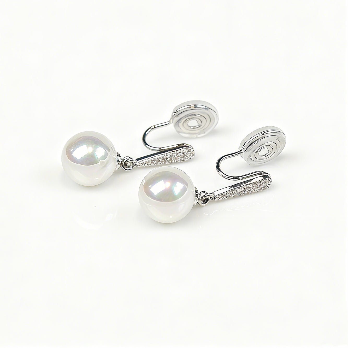 Dangle Clip On Pearl Earrings with Silver Pave Diamond - Clip-On or Pierced Options