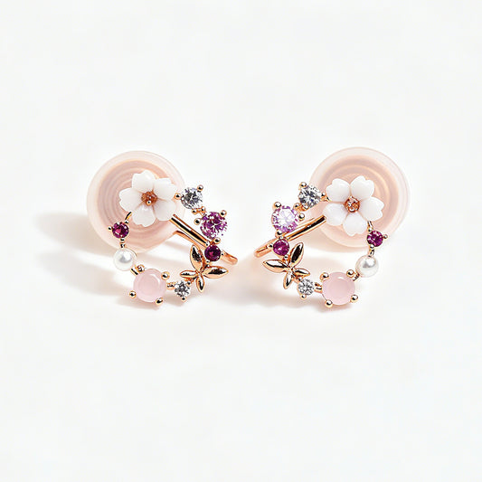 Rose Gold Pink Crystal Floral Open Clip On Earrings