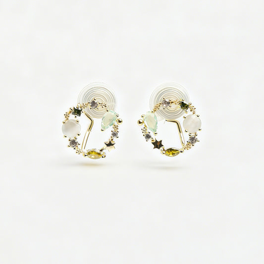 Green Gemstone Crystal Wreath Clip On Earrings