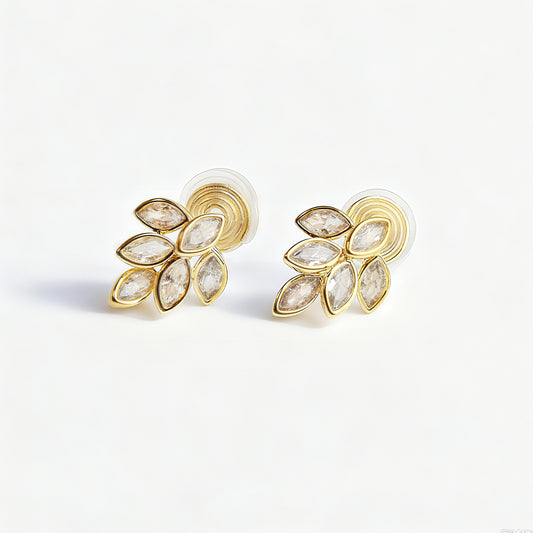 Gold Plated Crystal Leaves Stud Clip On Earrings