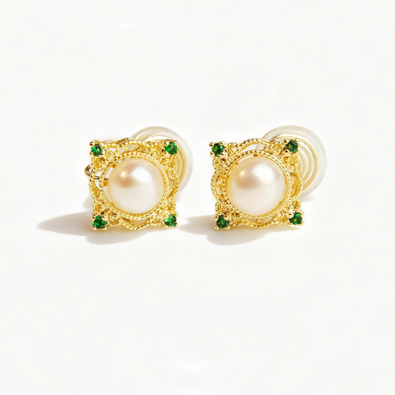 Gold Pearl Clip-On Earrings with Green Crystal Accents