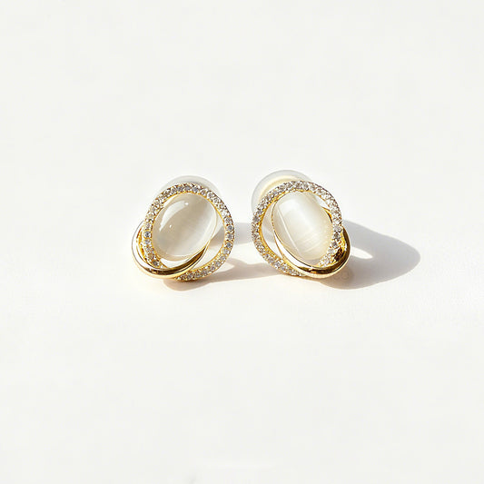 Gold Oval Clip-On Earrings Opal Stud Earrings