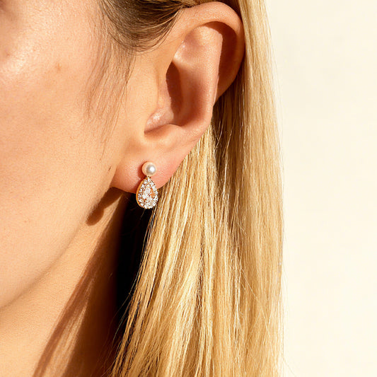 Teardrop Diamond Earrings with Small Faux Pearls