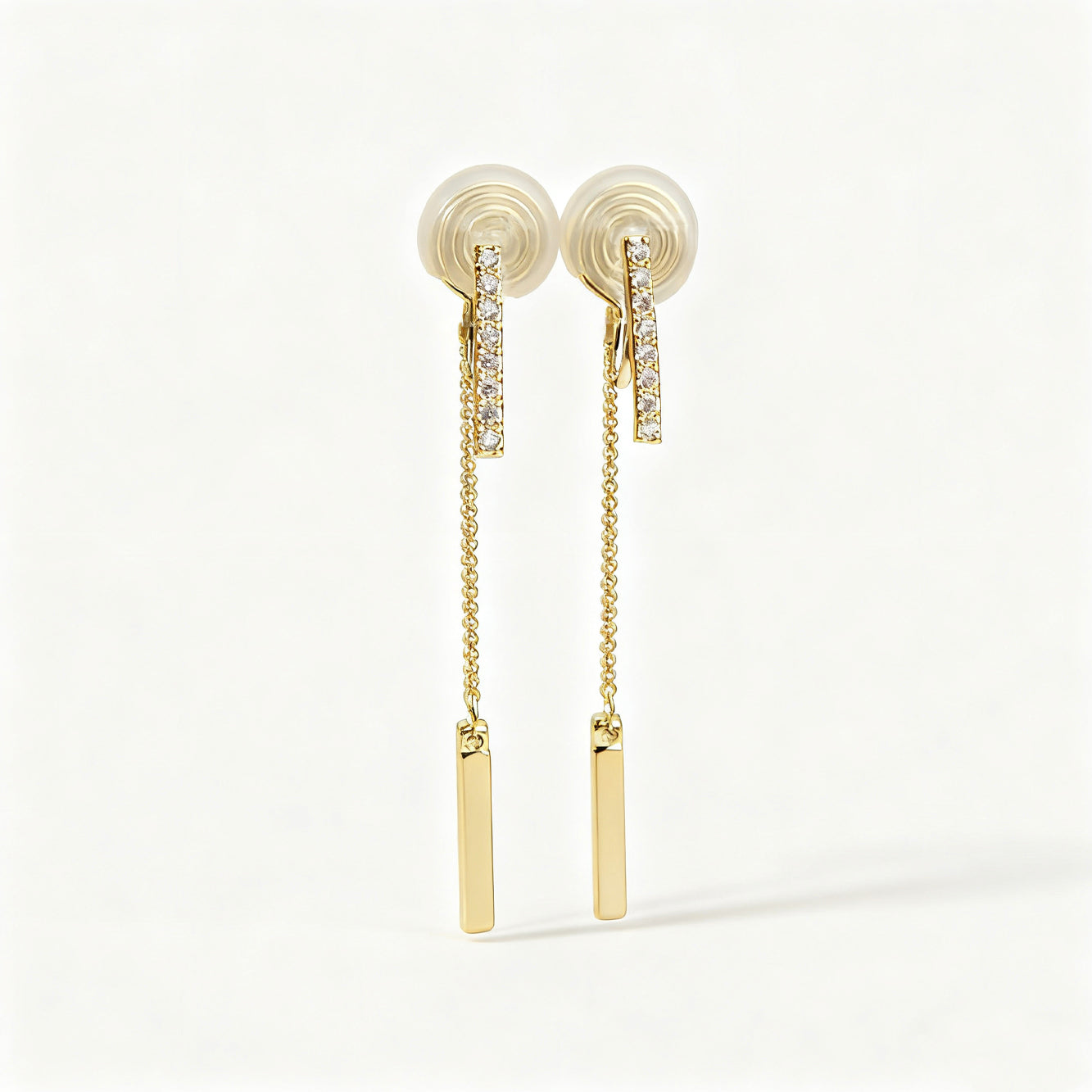 clip-on earrings gold, clip-on earrings silver, non pierced earrings, long dangle earrings, chain drop earrings, cubic zirconia clip-on, statement earrings non pierced, bridal clip-on earrings, elegant earrings no piercing