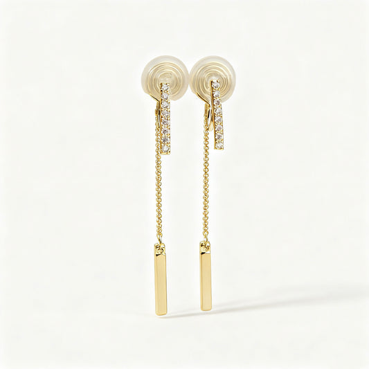 clip-on earrings gold, clip-on earrings silver, non pierced earrings, long dangle earrings, chain drop earrings, cubic zirconia clip-on, statement earrings non pierced, bridal clip-on earrings, elegant earrings no piercing