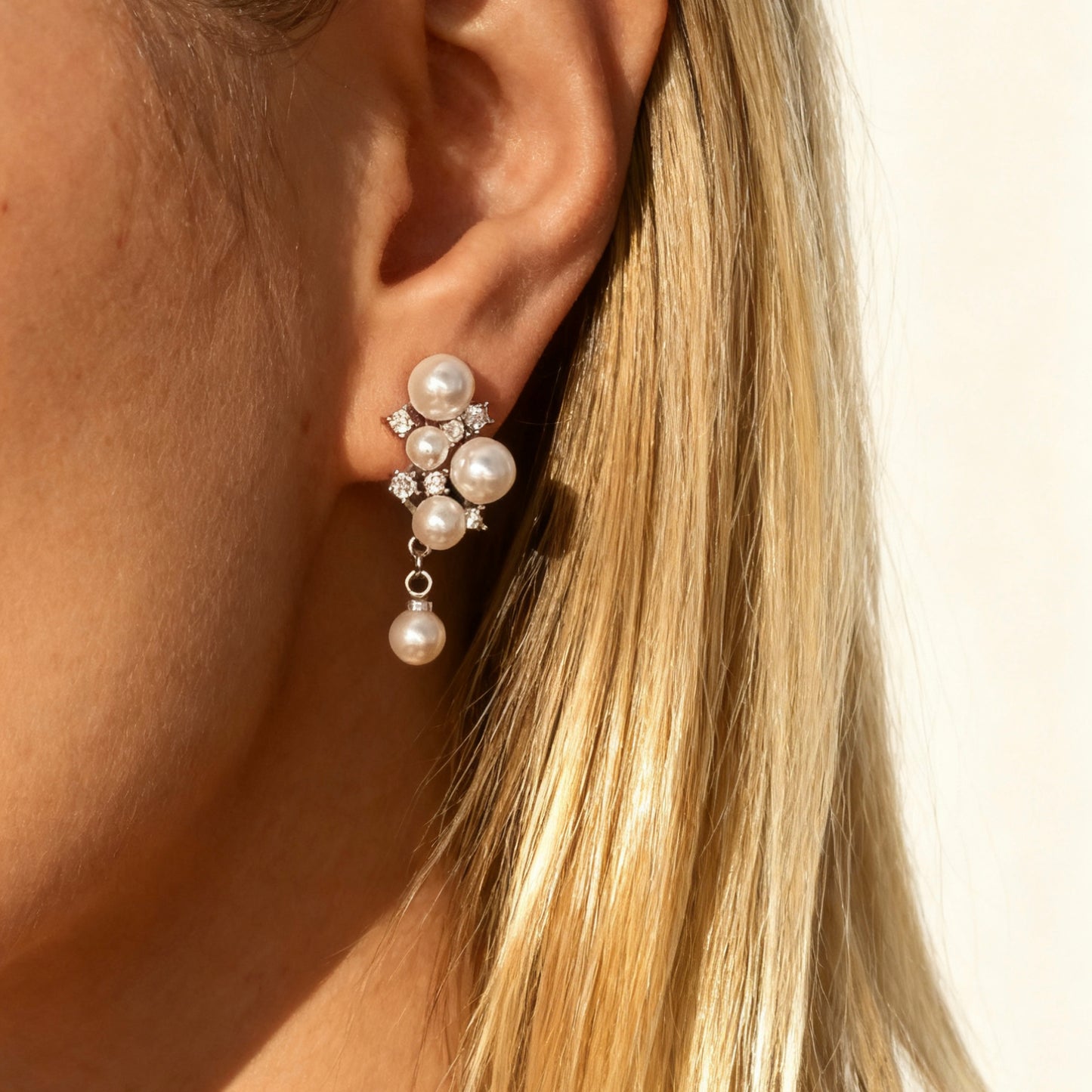 Pearls and Crystal Dangle Clip On Earrings