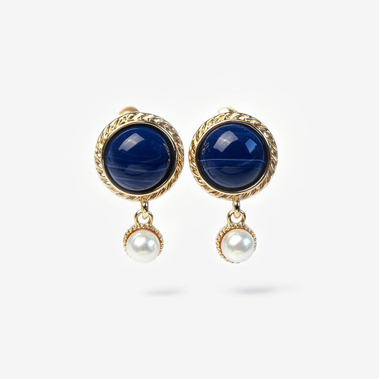 navy and pearl clip-on earrings