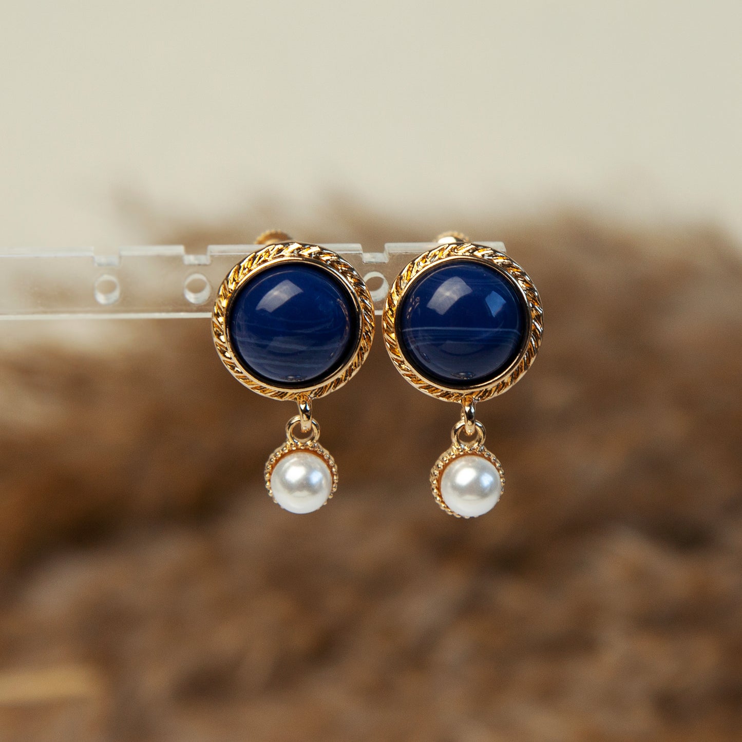 Navy & Pearl Clip-On Earrings – Vintage Gold, Screw-Back Style