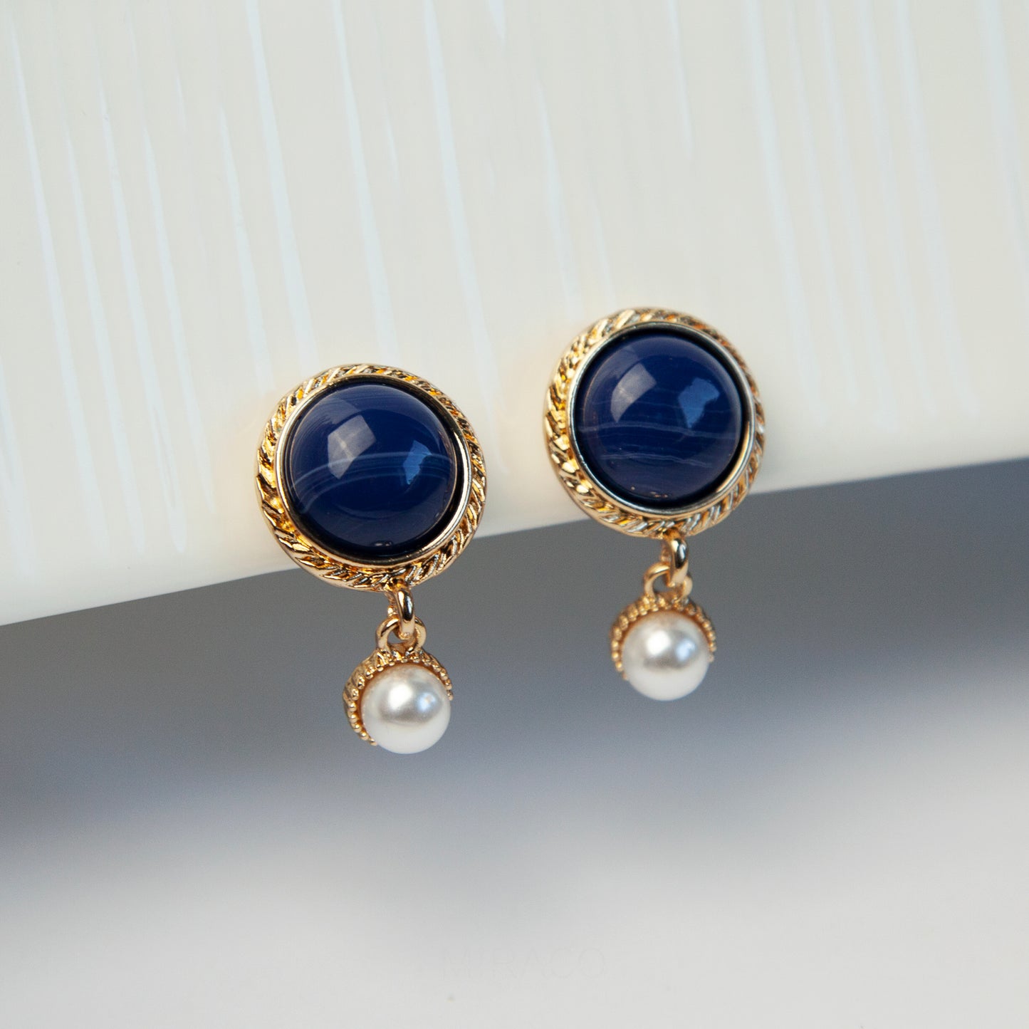 Navy & Pearl Clip-On Earrings – Vintage Gold, Screw-Back Style