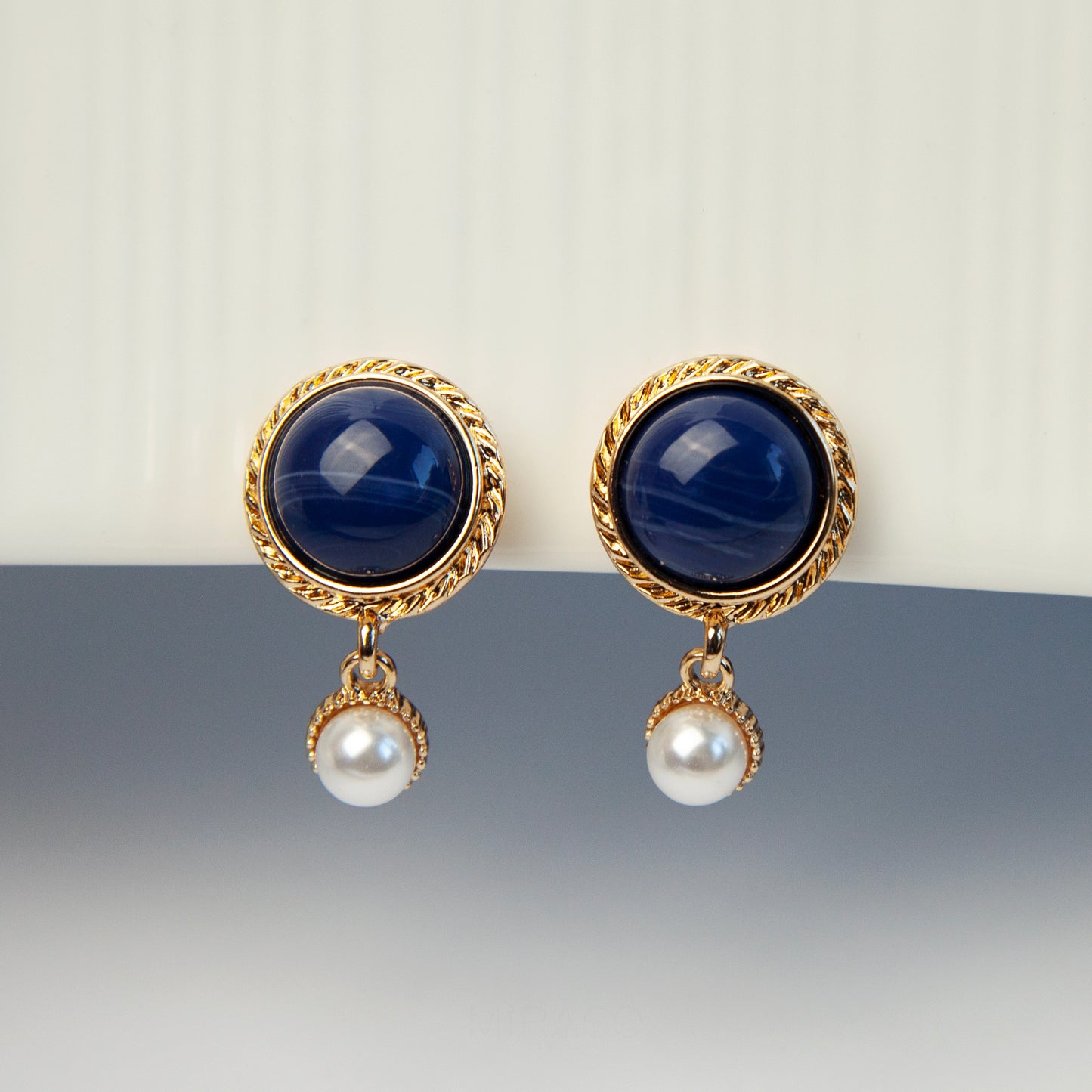 Navy & Pearl Clip-On Earrings – Vintage Gold, Screw-Back Style