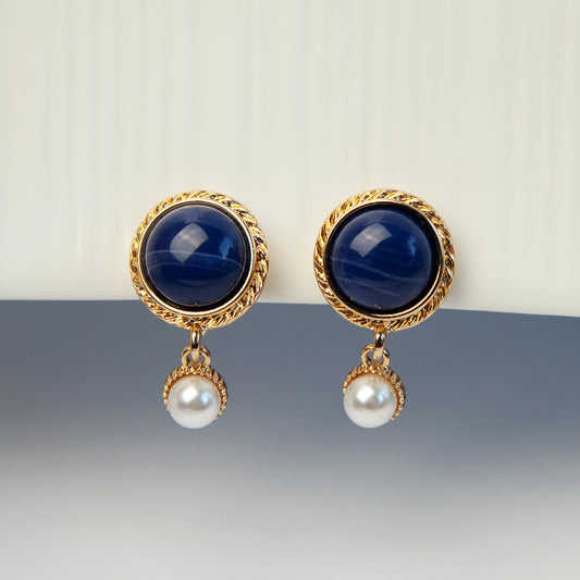 Navy & Pearl Clip-On Earrings – Vintage Gold, Screw-Back Style