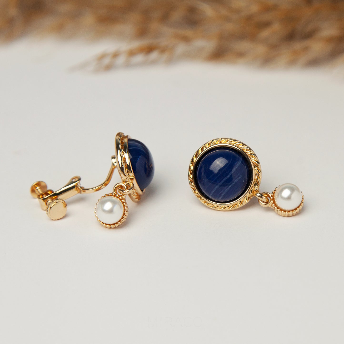 Navy & Pearl Clip-On Earrings – Vintage Gold, Screw-Back Style