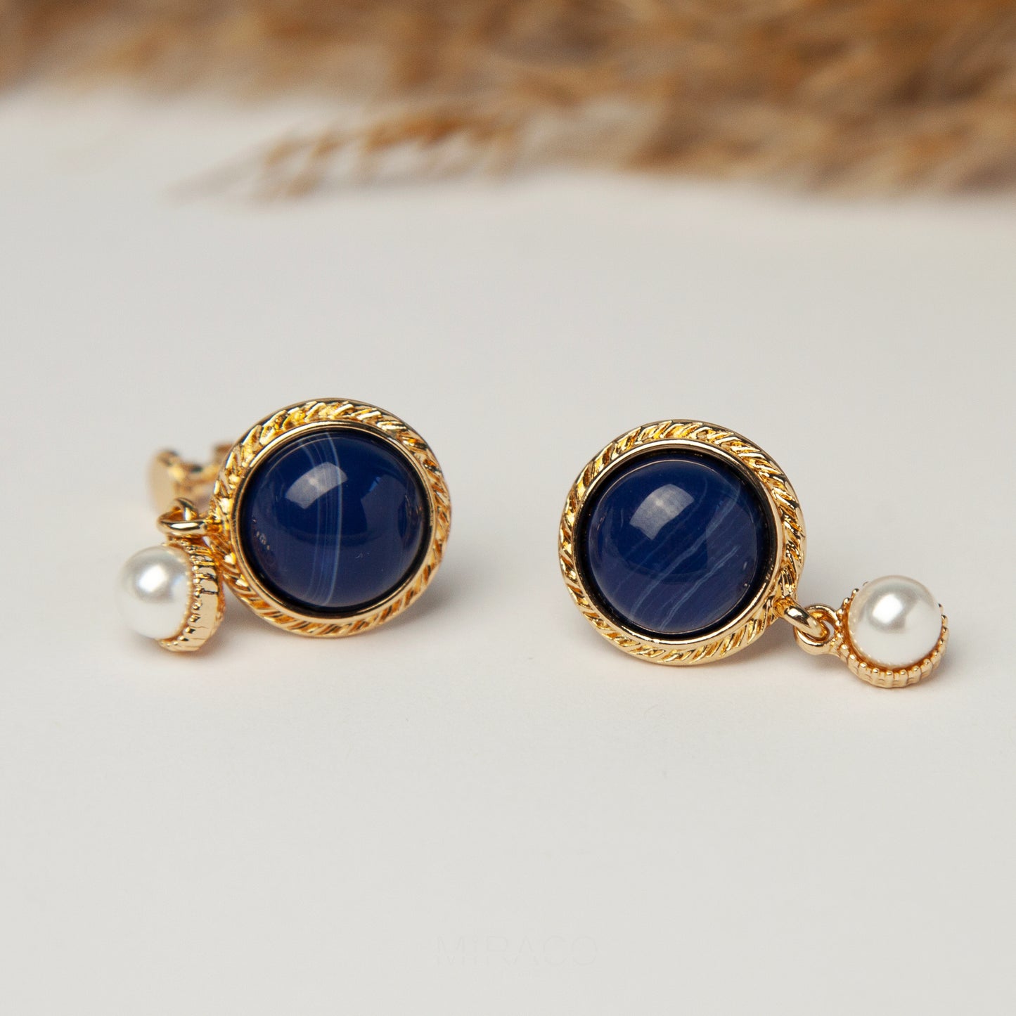 Navy & Pearl Clip-On Earrings – Vintage Gold, Screw-Back Style