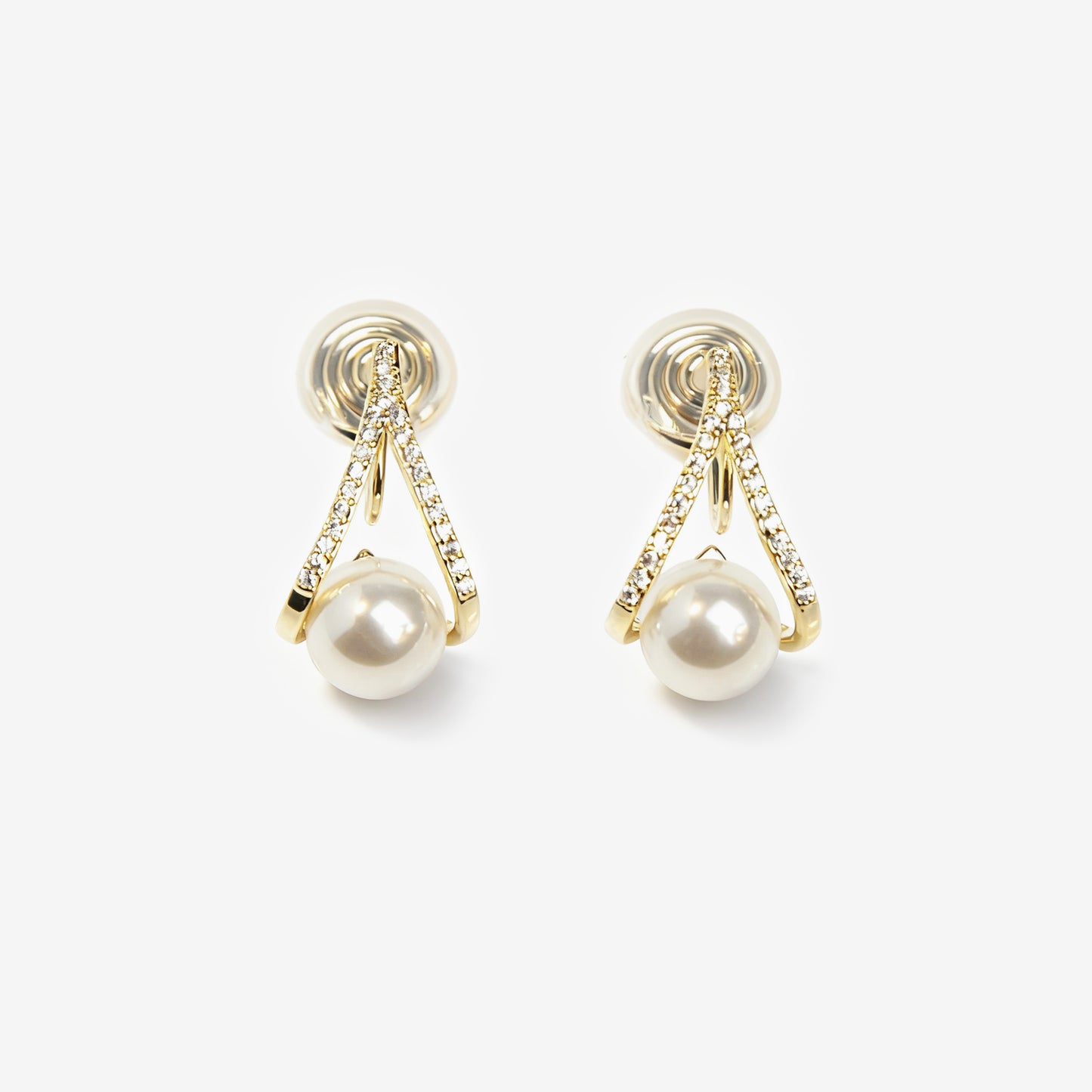 Gold Plated Clip On Pearl Stud Earrings, Diamond Stud Earring with Pearls, CZ Pave Diamonds Dangle Drop Earrings, Pearls Drop Stud, Non Pierced Earrings