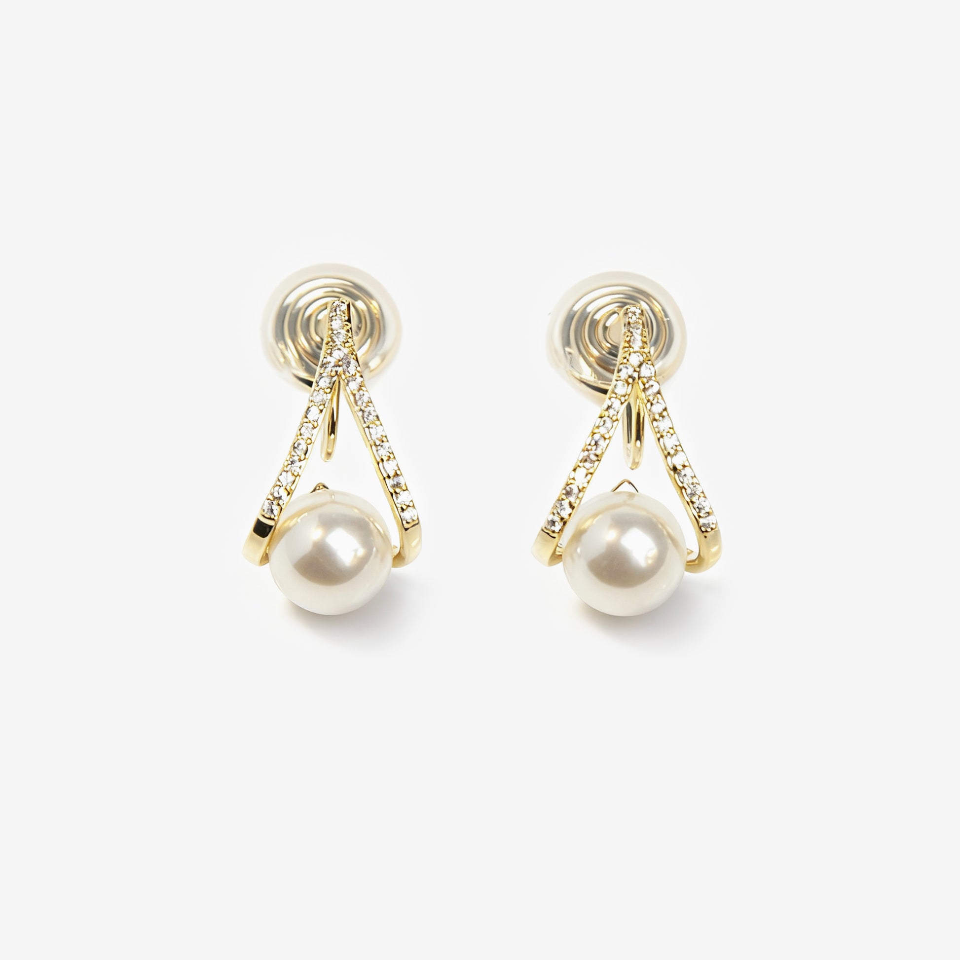 Gold Plated Clip On Pearl Stud Earrings, Diamond Stud Earring with Pearls, CZ Pave Diamonds Dangle Drop Earrings, Pearls Drop Stud, Non Pierced Earrings