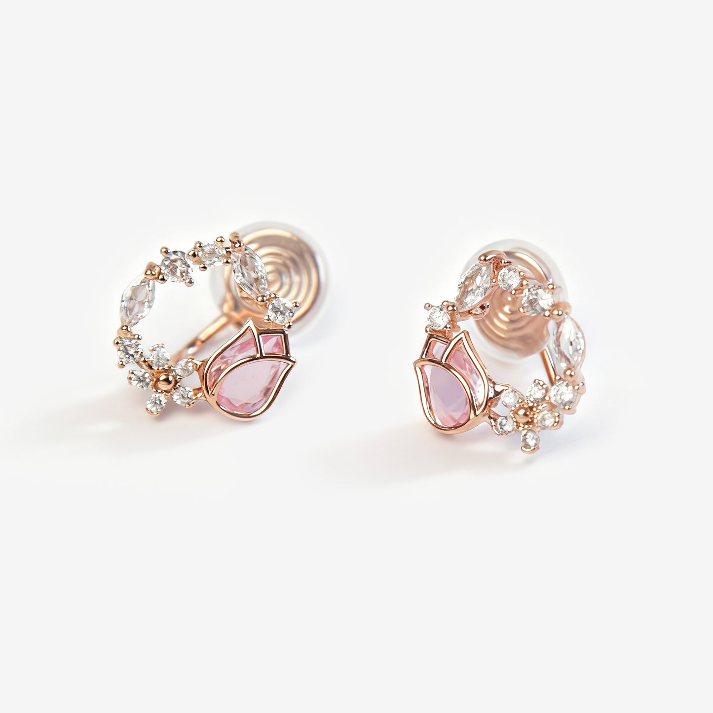 Rose Gold Pink Tulip Gemstone Crystal Wreath Clip On Earrings