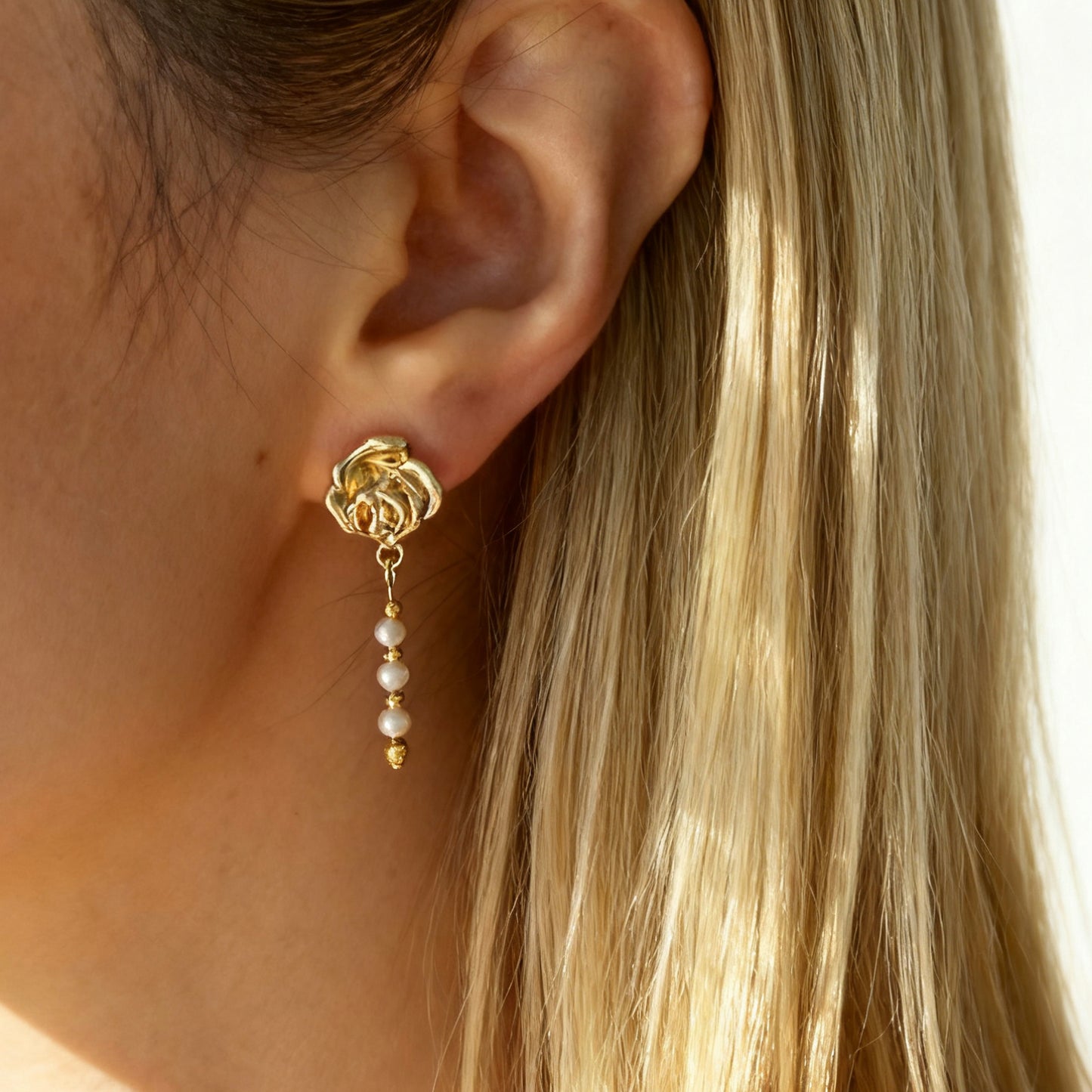 Gold Rose Flower Pearl Clip On Drop Earrings