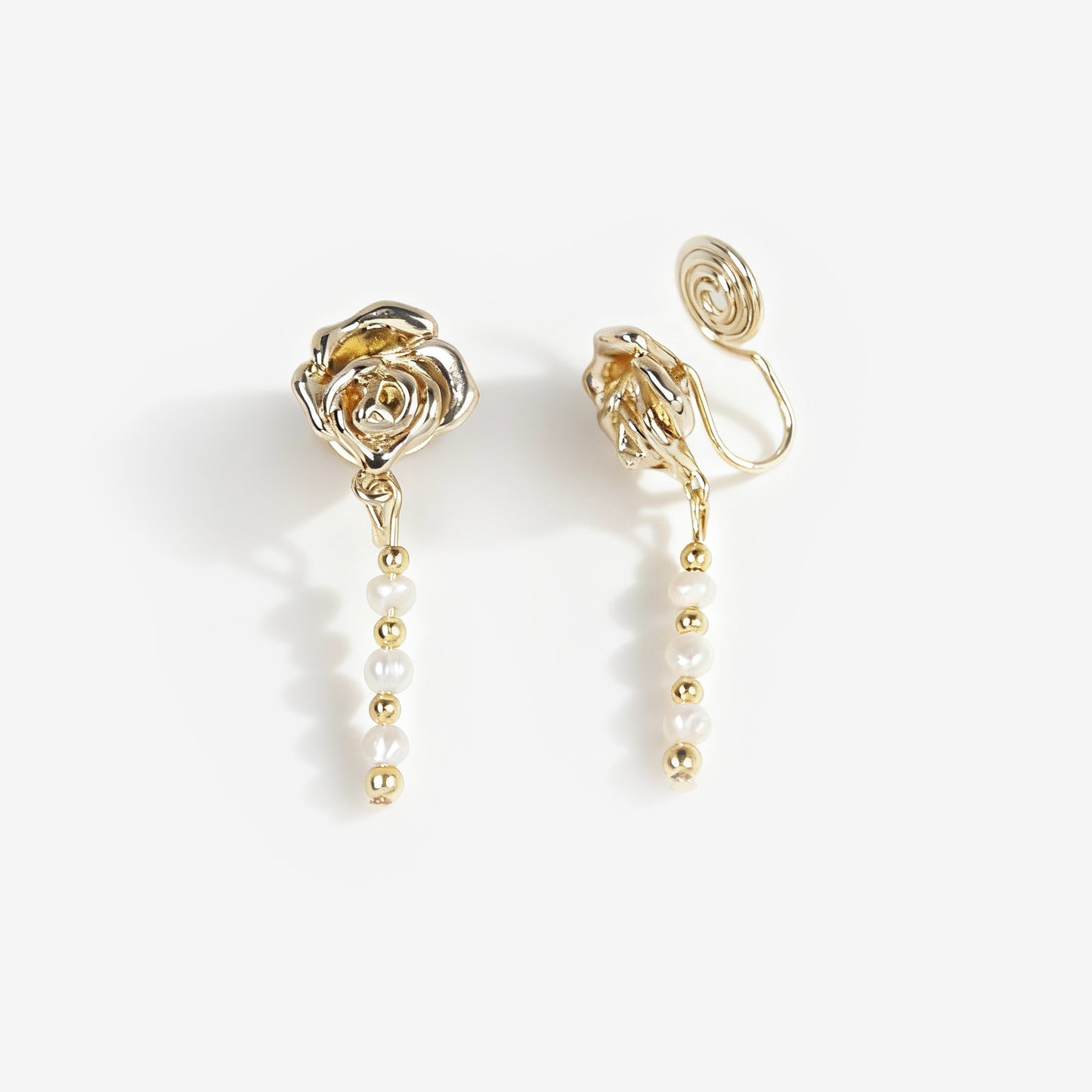 Gold Rose Flower Pearl Clip On Drop Earrings