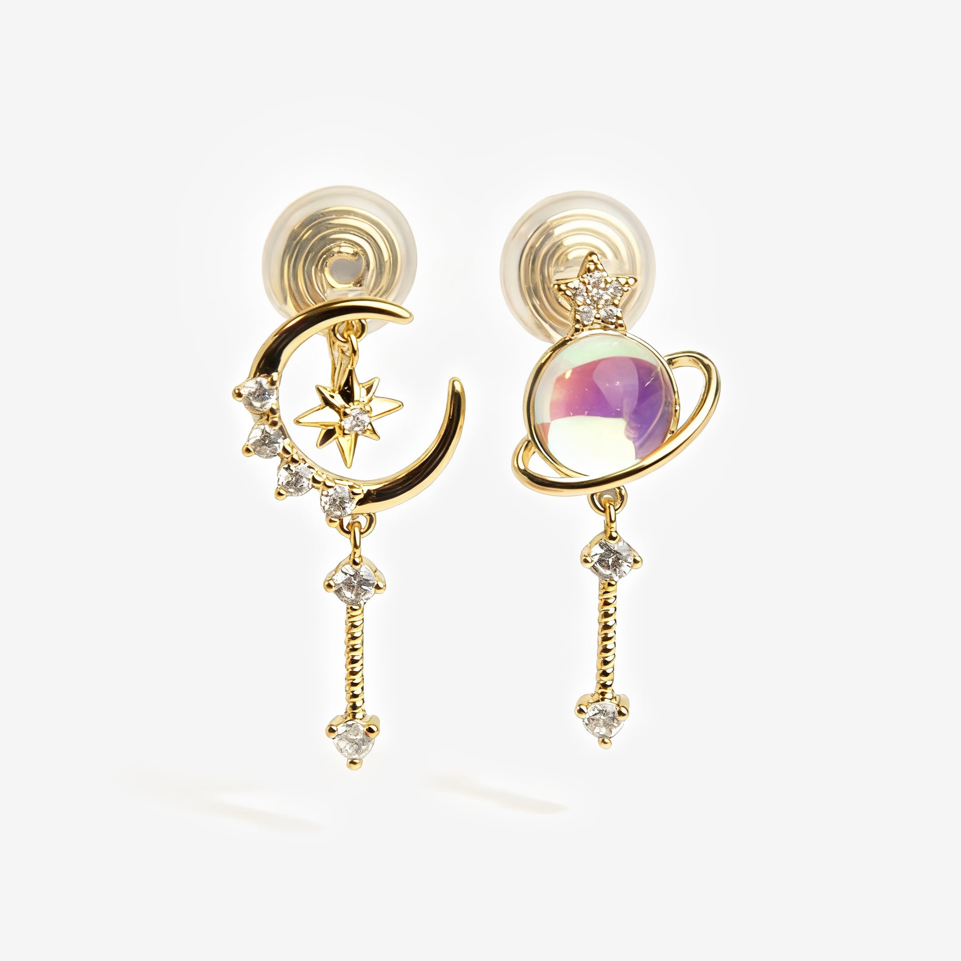 Pair of gold earrings with celestial designs, clip on earrings, dangle drop clip on earrings gold moon earrings