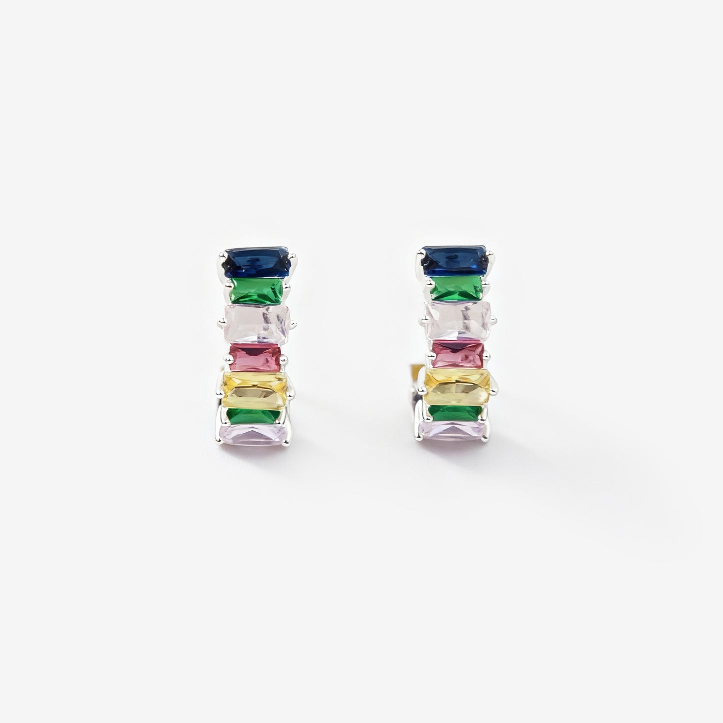 Pair of earrings with multicolored gemstones clip on hoop earrings, silver clip on earrings