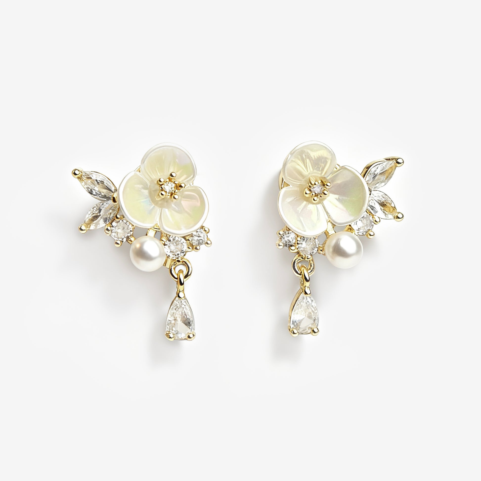 Pair of floral earrings with pearls and crystals clip on earrings, cream white clip on studs