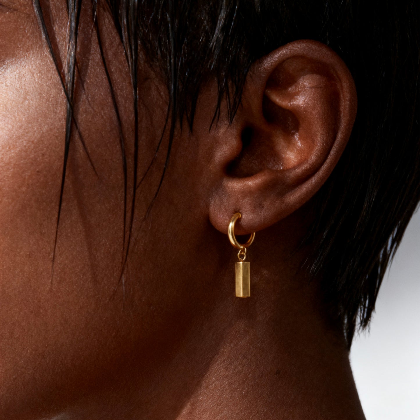 Gold Small Hoop Dangle Earrings with Rectangle Cubes, Invisible Clip On Drop Earrings, Non Pierced Minimalist Gold Clip On Earrings