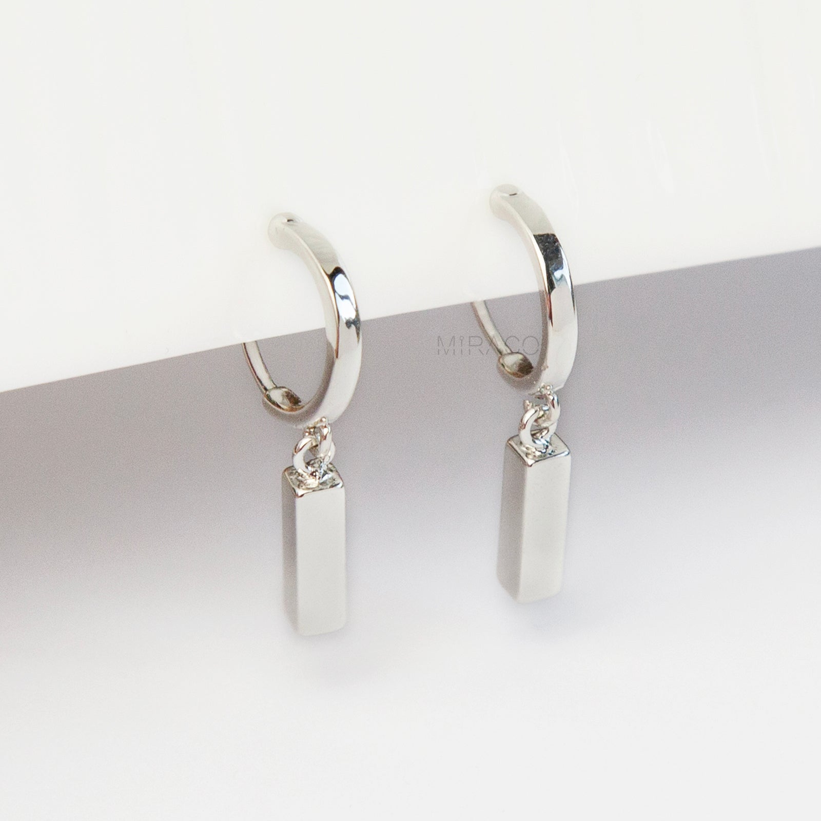 Silver Small Hoop Dangle Earrings with Rectangle Cubes, Invisible Clip On Drop Earrings, Non Pierced Minimalist Silver Clip On Earrings
