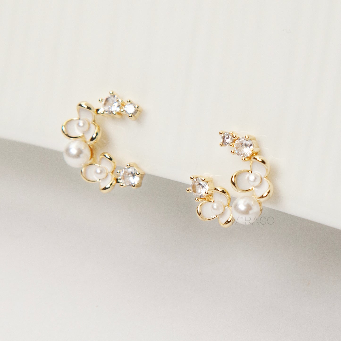 Moon Shape Clip-On Earrings with White Flowers, Clip-On Earrings with Pearls and Crystals, Non-pierced Earrings, Fairy Wedding Bridal Studs