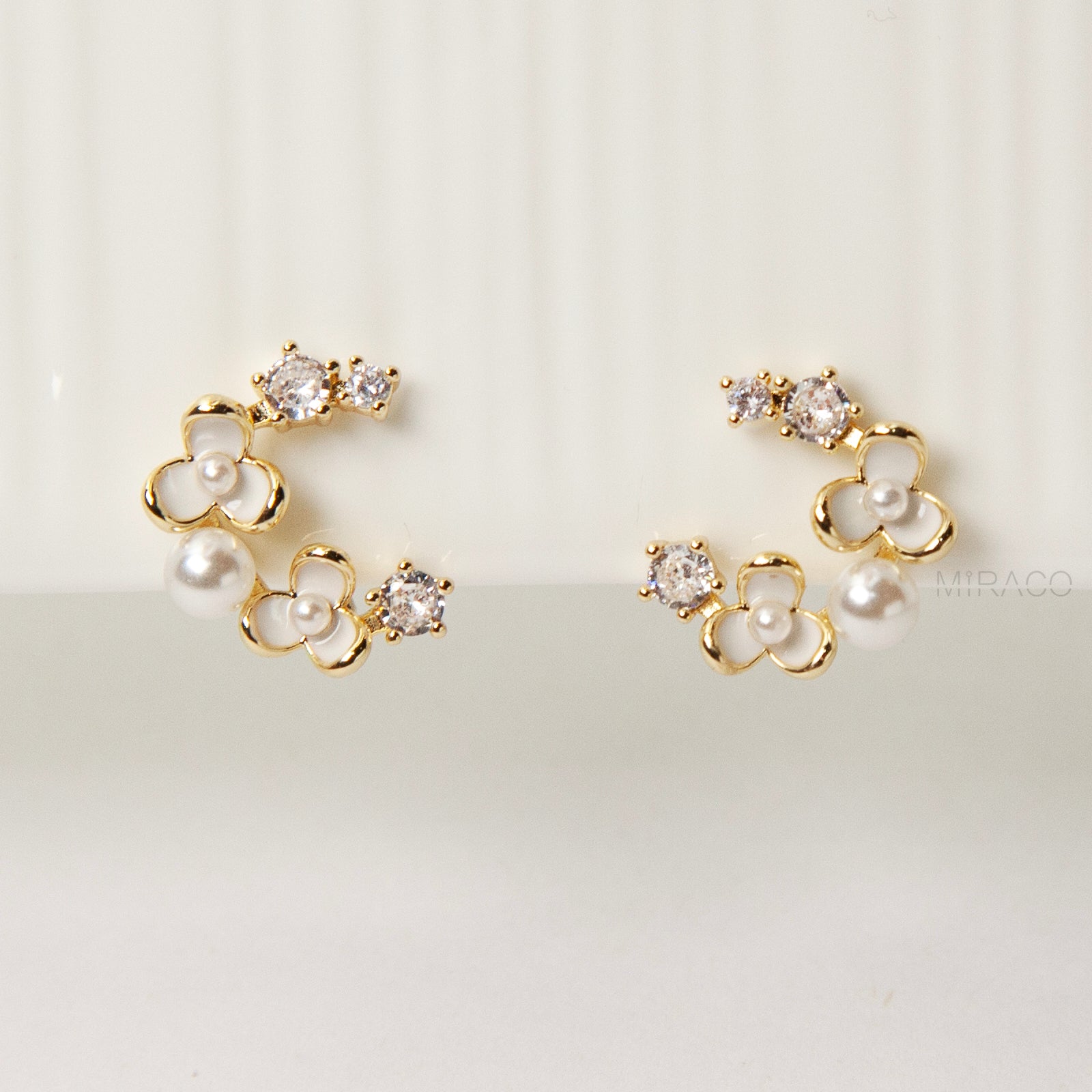 Moon Shape Clip-On Earrings with White Flowers, Clip-On Earrings with Pearls and Crystals, Non-pierced Earrings, Fairy Wedding Bridal Studs