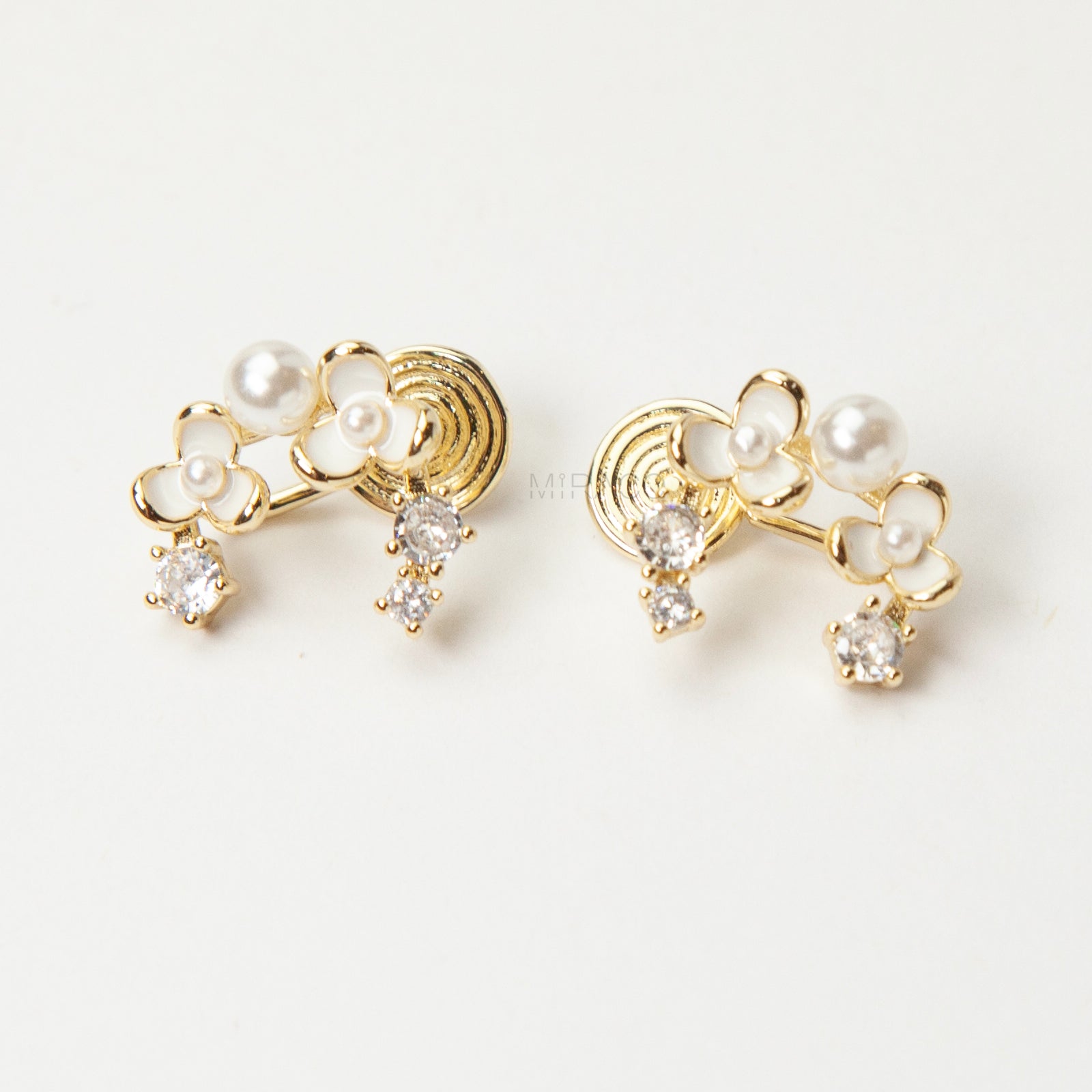 Moon Shape Clip-On Earrings with White Flowers, Clip-On Earrings with Pearls and Crystals, Non-pierced Earrings, Fairy Wedding Bridal Studs