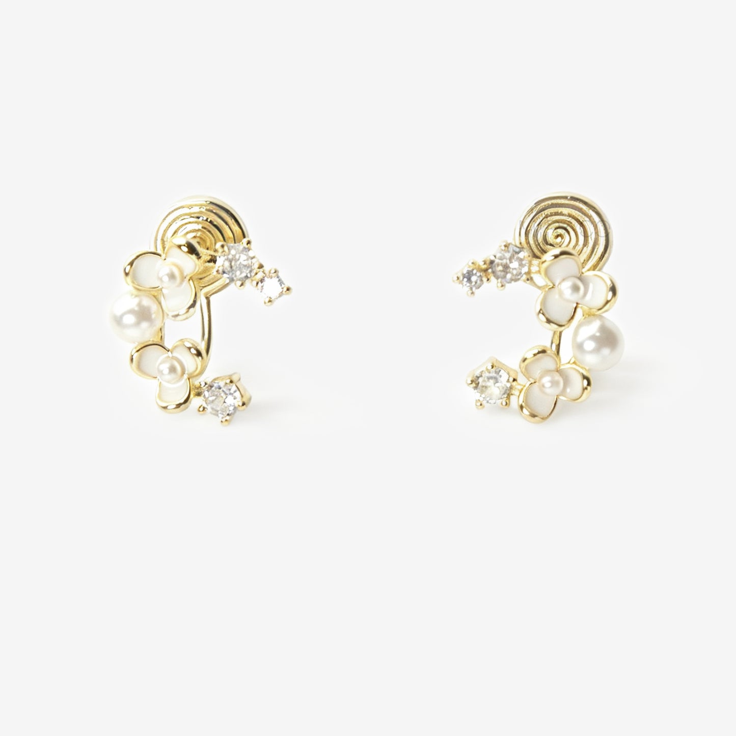 Moon Shape Clip-On Earrings with White Flowers, Clip-On Earrings with Pearls and Crystals, Non-pierced Earrings, Fairy Wedding Bridal Studs