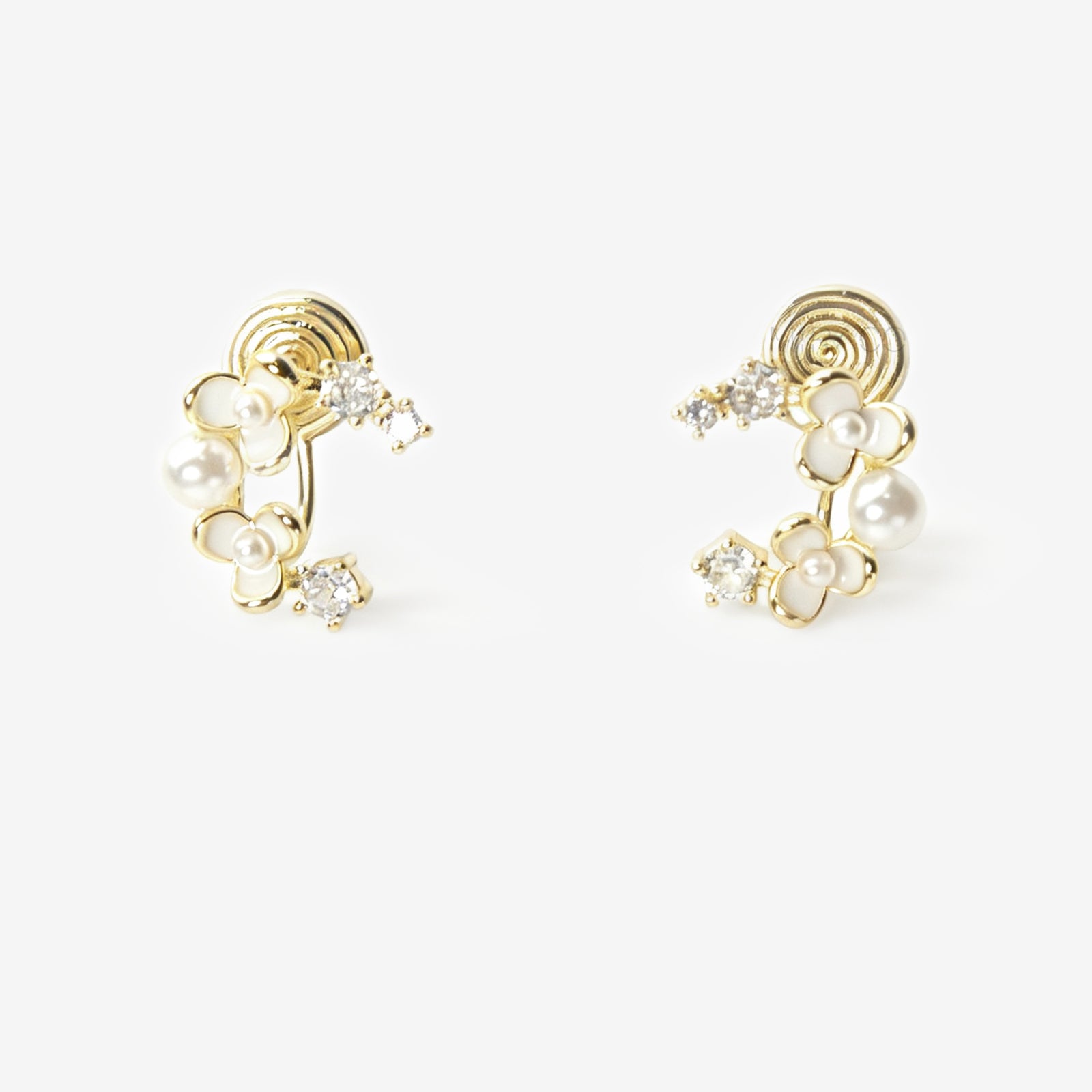 Moon Shape Clip-On Earrings with White Flowers, Clip-On Earrings with Pearls and Crystals, Non-pierced Earrings, Fairy Wedding Bridal Studs