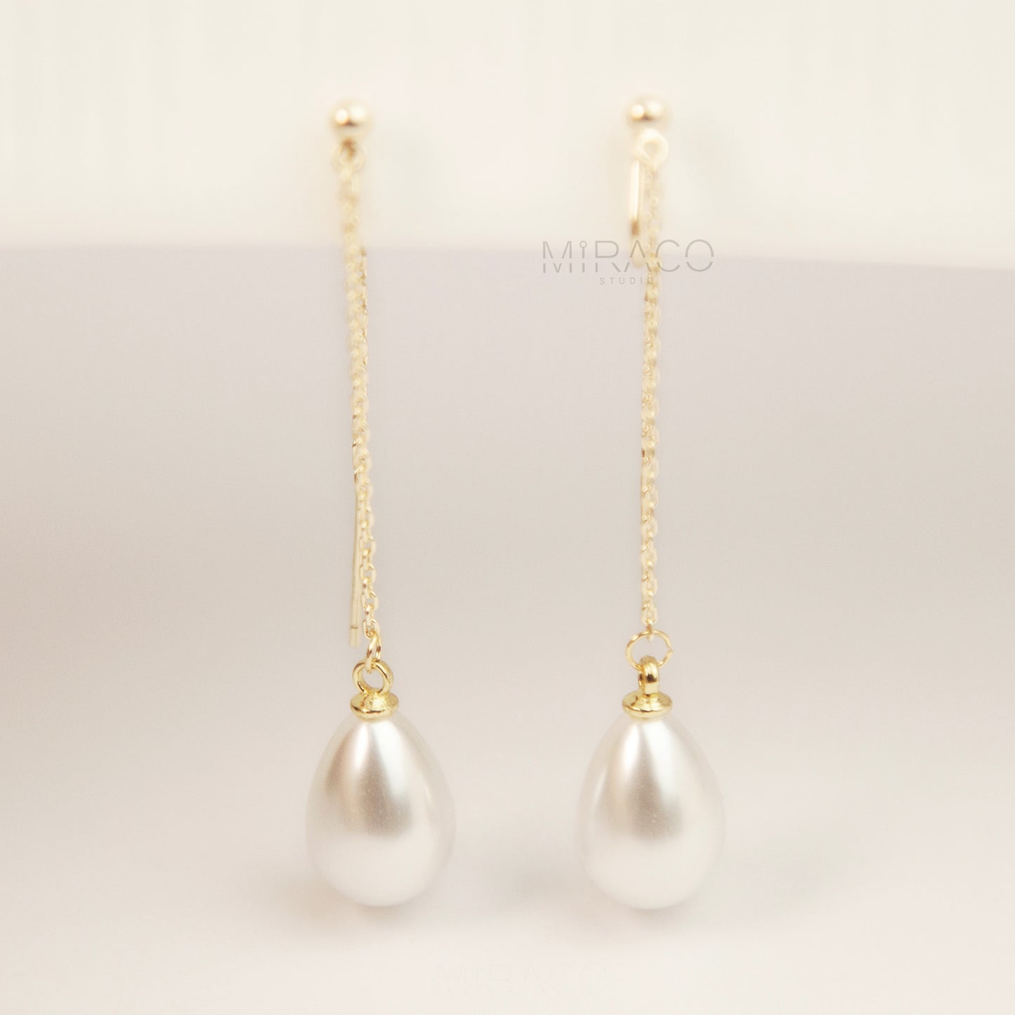 Clip On Pearl Earrings Long Dangle Clip-On Earrings, Minimal Gold Tassel Non Pierced Earrings