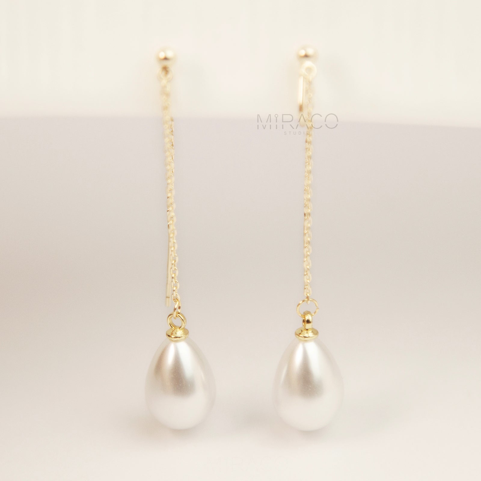 Clip On Pearl Earrings Long Dangle Clip-On Earrings, Minimal Gold Tassel Non Pierced Earrings