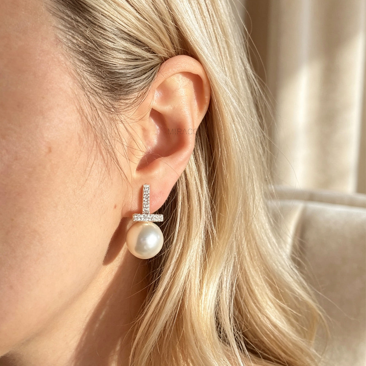 Pearls Dangle Clip On Earrings with Gold Pave Diamond