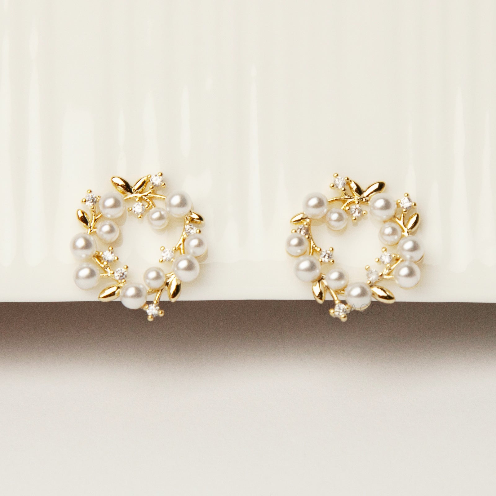 Clip On Stud Earrings with Pearls and Crystals, Gold-Tone Pearl and Crystal Wreath Earrings, Floral Open Circle Studs, Non Pierced Earrings