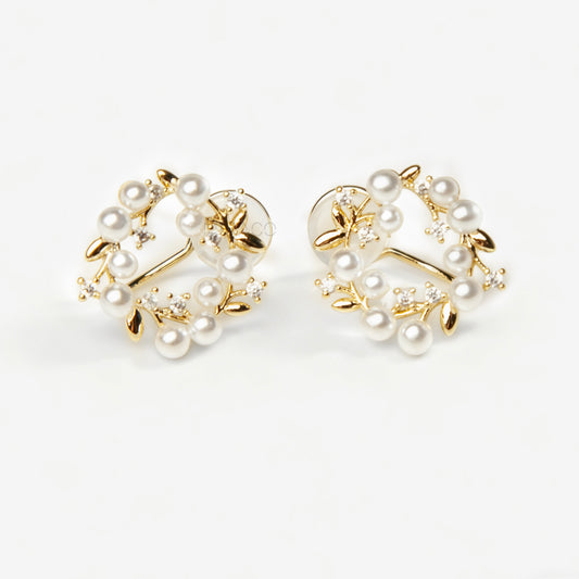 Clip On Stud Earrings with Pearls and Crystals, Gold-Tone Pearl and Crystal Wreath Earrings, Floral Open Circle Studs, Non Pierced Earrings