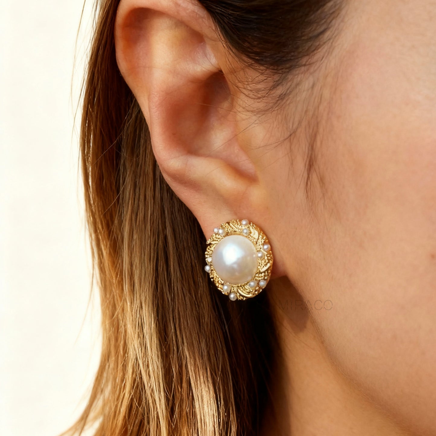 Large Pearl Clip-On Earrings, Gold Rim Round Button Non-Pierced Earrings, Retro Gold Pearl Studs, Clip On Studs Non-Pierced Earrings