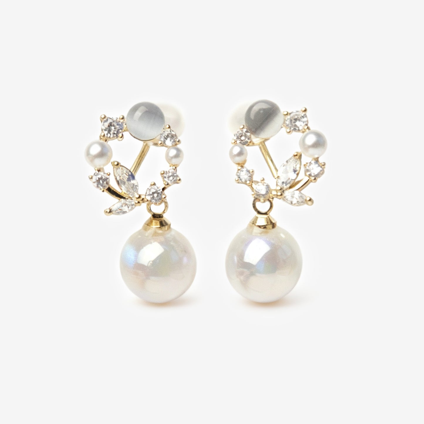 Opal Crystals Dangle Pearls Drop Earrings, Aura Mermaid Beads Non Pierced Earrings with Crystals Clip