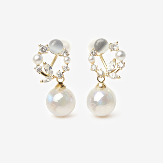 Opal Crystals Dangle Pearls Drop Earrings, Aura Mermaid Beads Non Pierced Earrings with Crystals Clip