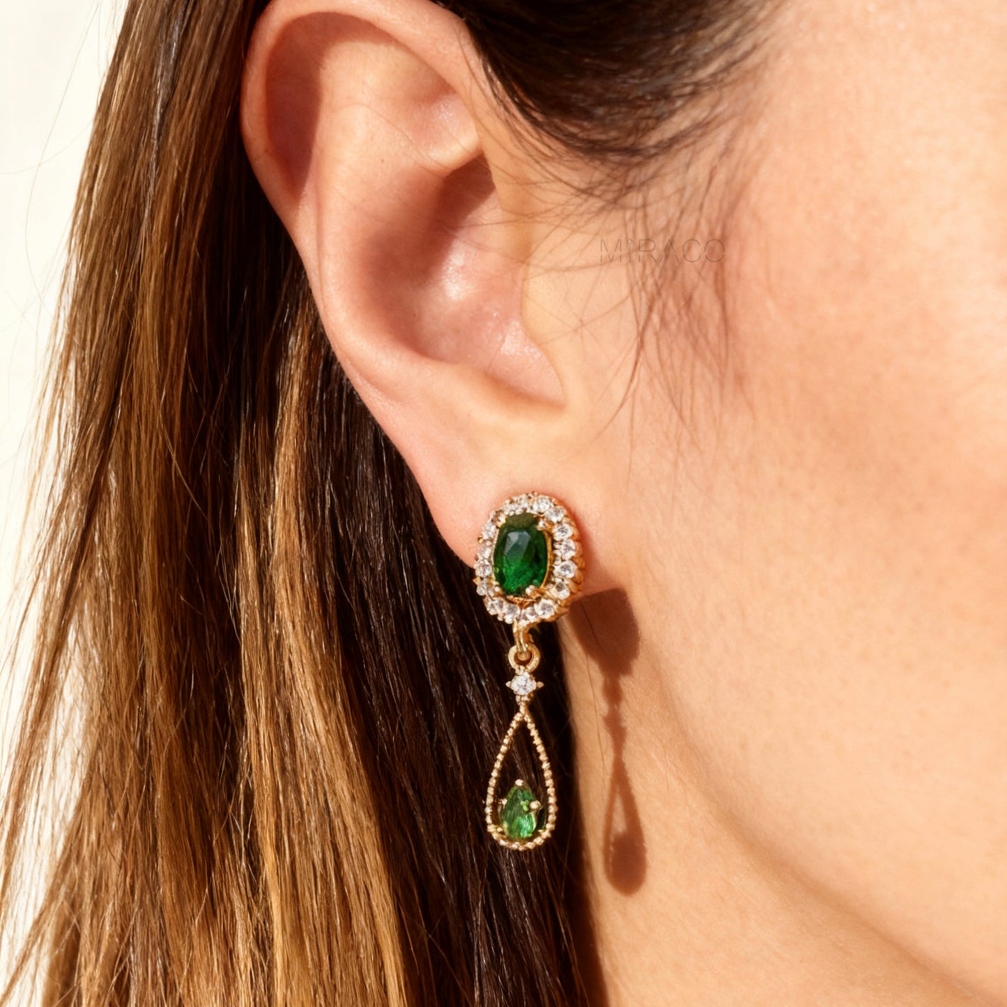 Green Gemstones Non-Pierced Golden Dangle Earrings with Green Crystal Diamonds
