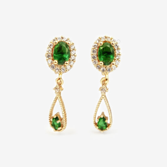Green Gemstones Non-Pierced Golden Dangle Earrings with Green Crystal Diamonds