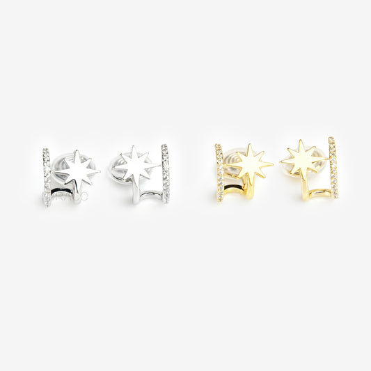 Star Double Hoop Huggie Clip On Earrings