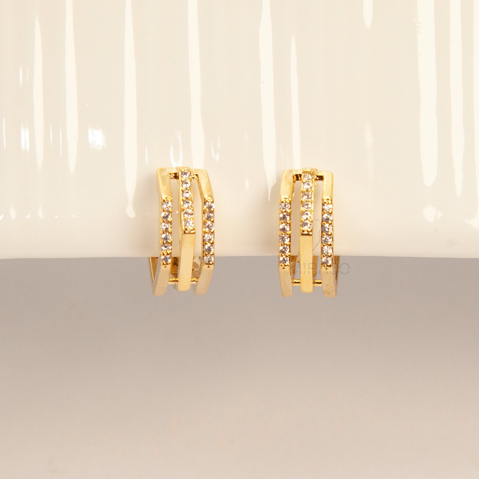 Clip On Stud Hoop Earrings Gold Plated Triple Huggie Earring