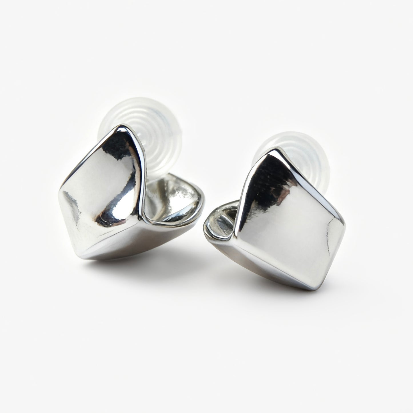 silver geometric clip-on stud earrings with coil-back clips, minimal metal design for non-pierced ears.