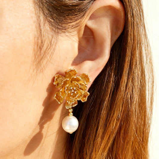 Screw Back Large Peonies Dangle Pearls Non Pierced Earrings,White Pearls Gold Flower Earrings