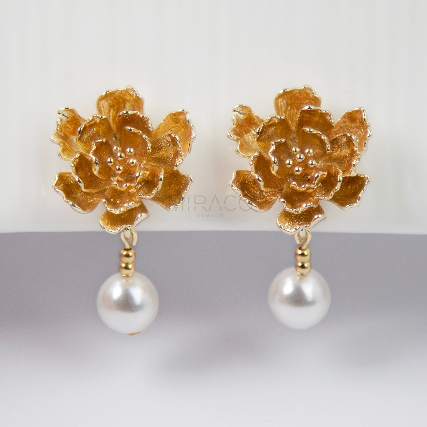 Screw Back Large Peonies Dangle Pearls Non Pierced Earrings,White Pearls Gold Flower Earrings