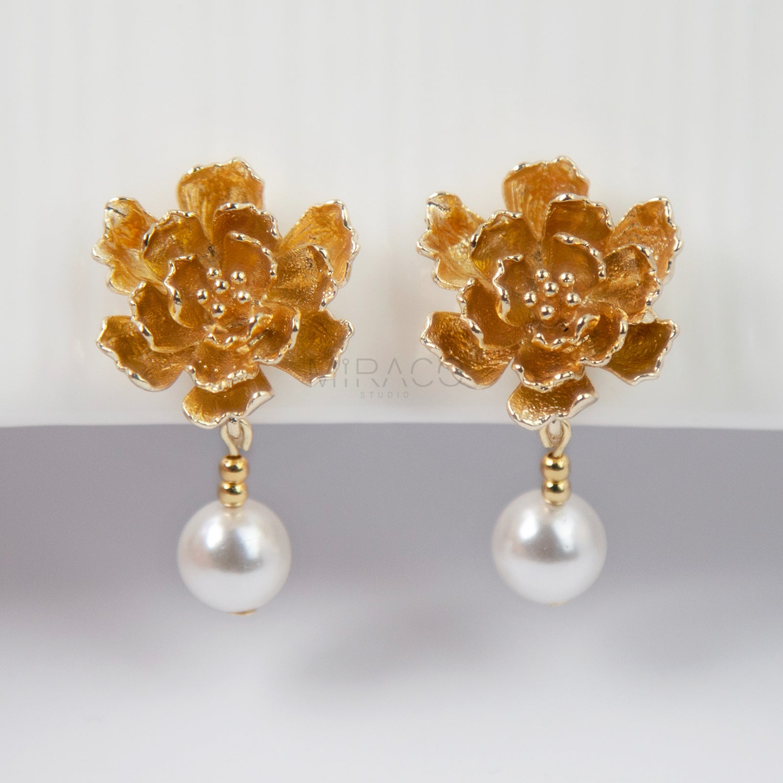 Screw Back Large Peonies Dangle Pearls Non Pierced Earrings,White Pearls Gold Flower Earrings